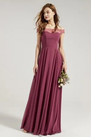 charming magenta off shoulder chiffon bridesmaid dress