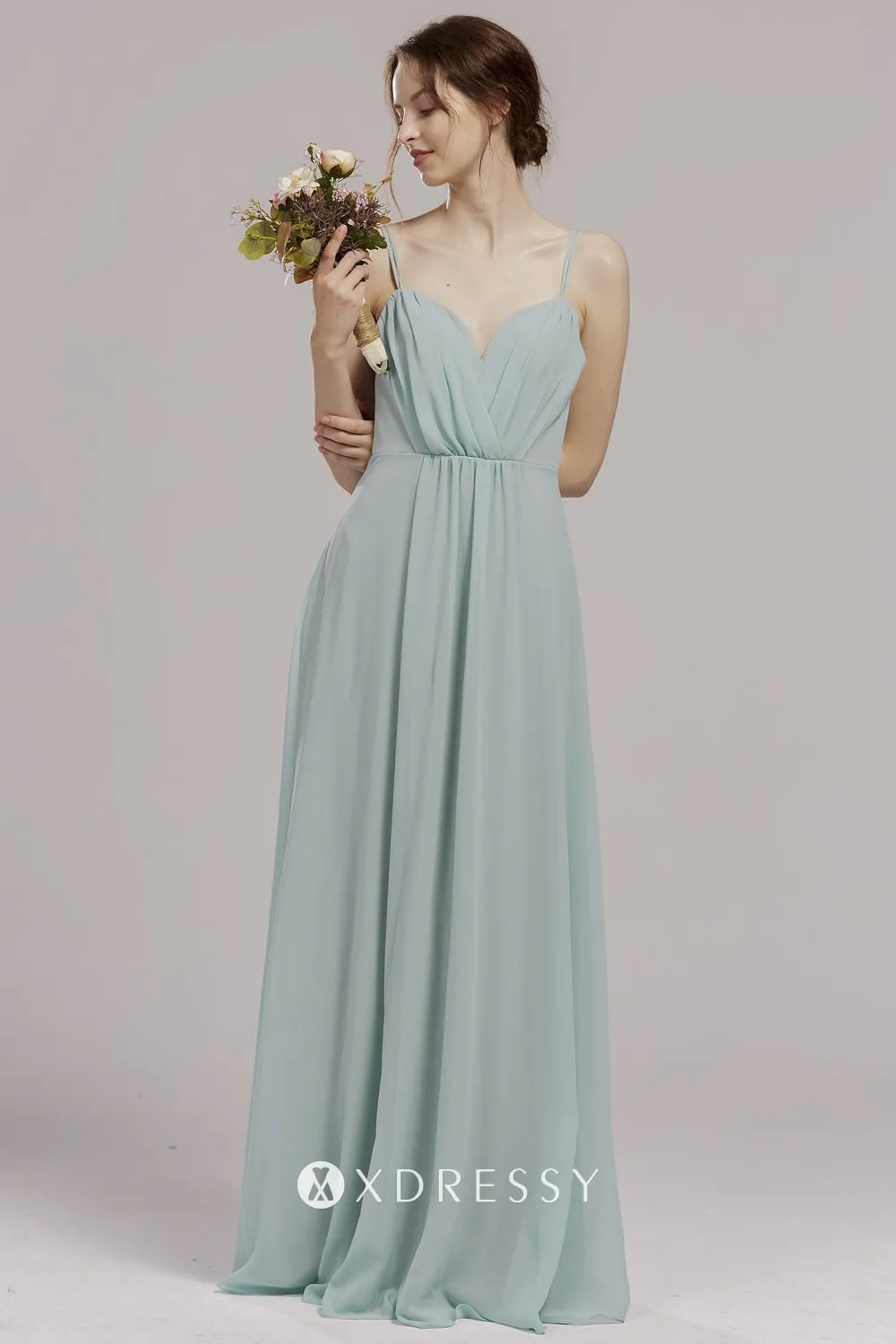 Long Spaghetti Straps Chiffon Dress with Lace Top Jade Plus Size