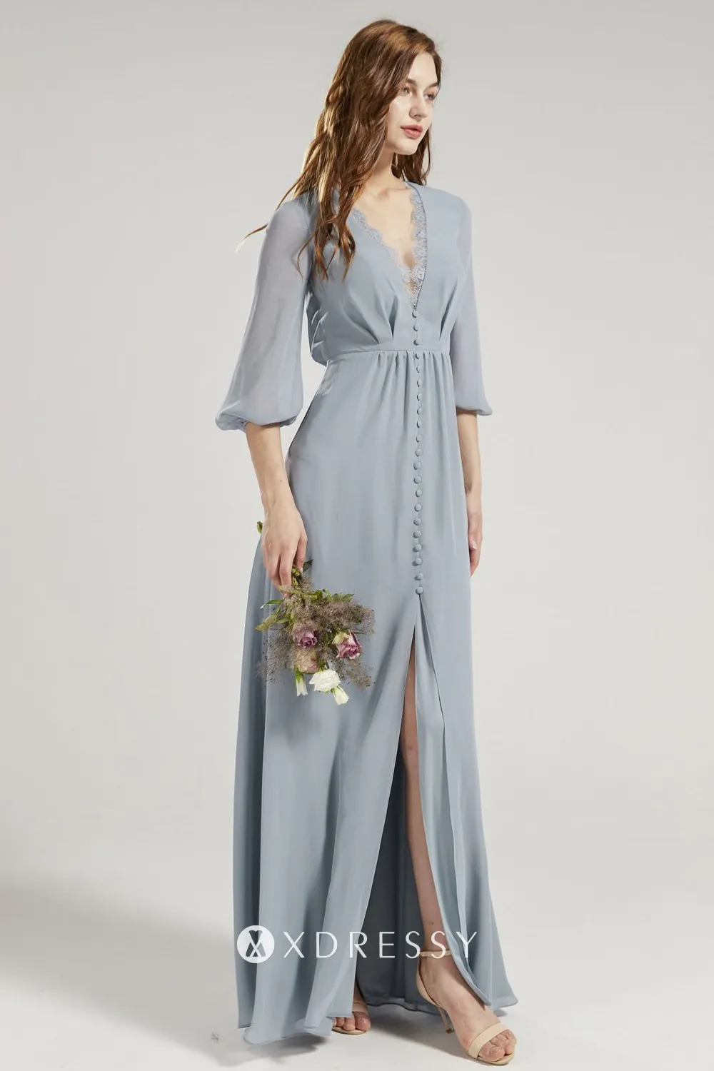 3/4 Sleeves VNeck Slit Dusty Blue Chiffon Long Dress Xdressy