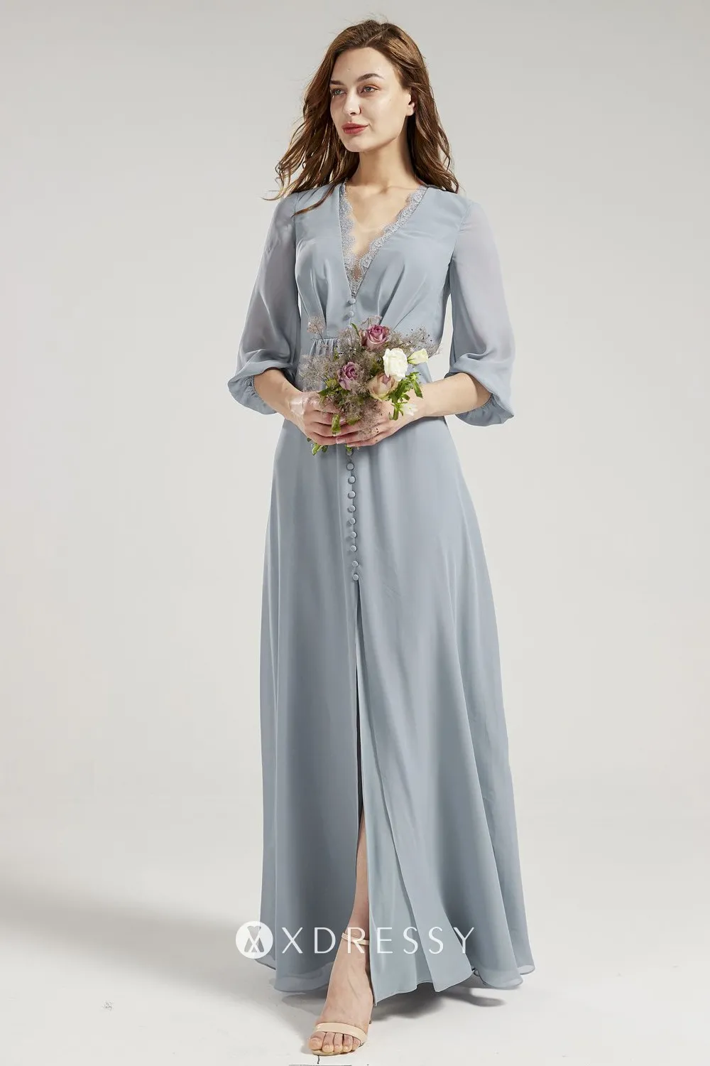 Floor Length Off-The-Shoulder A-Line Dresses With Slit Dusty Blue main image 1