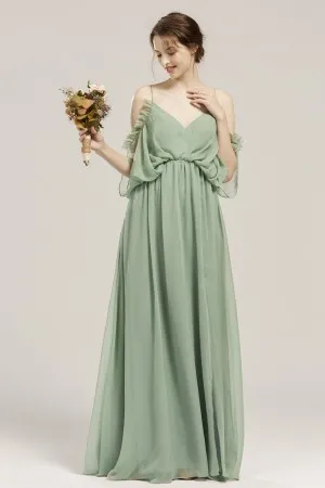 casual sage ruffled cold shoulder long bridesmaid dress