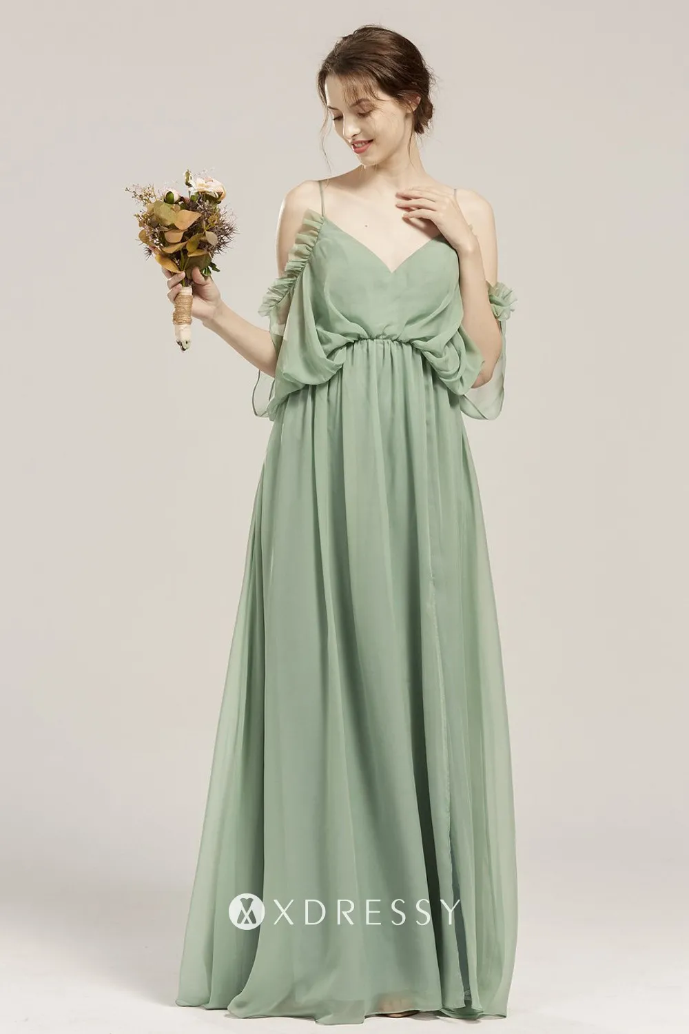 Fluid Exposed Shoulder Ruffle Dress Sage