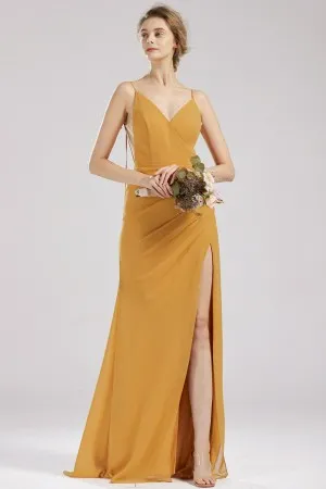 high slit draped ginger yellow chiffon bridesmaid dress