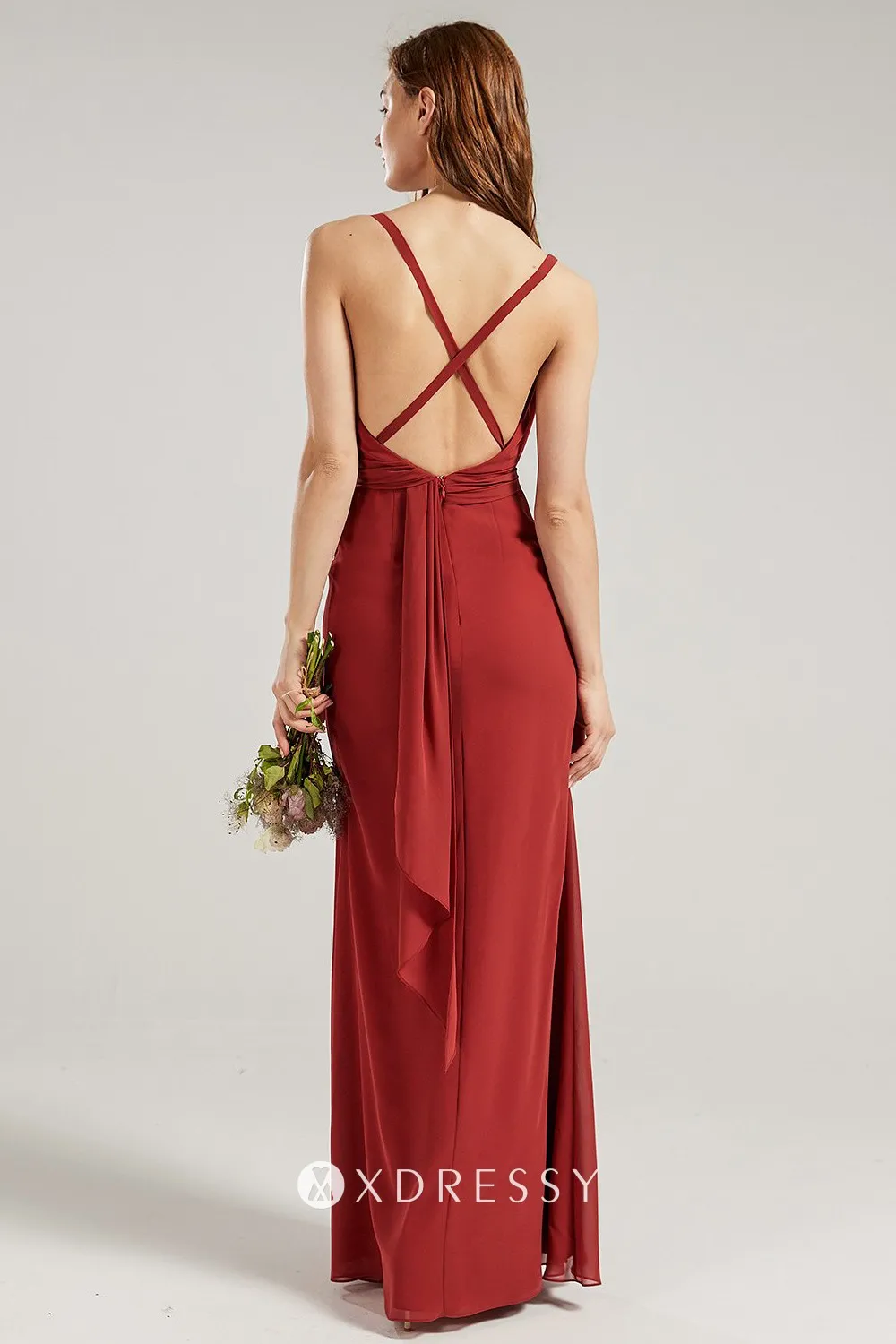 brick red criss cross straps low back bridesmaid dress