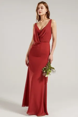 charming draped brick red column bridesmaid dress