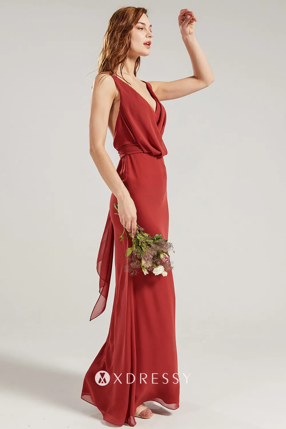 draped brick red column bridesmaid dress