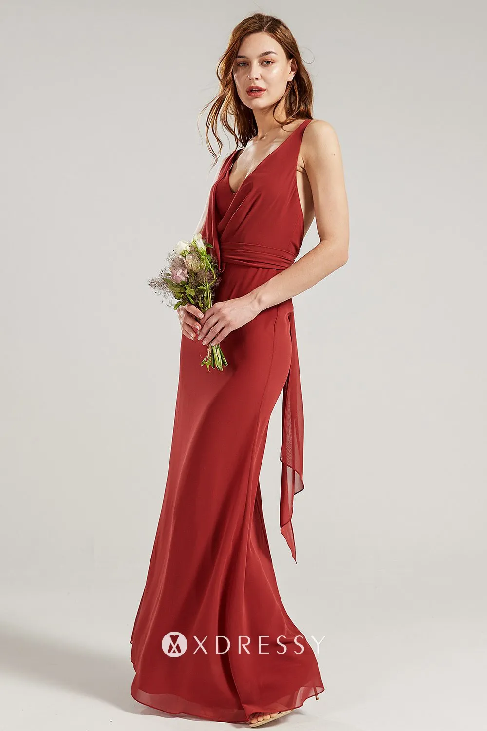 draped red straps column bridesmaid dress