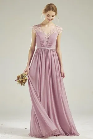 mauve scalloped lace v neck cap sleeves chiffon dress