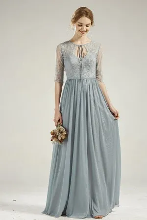 dusty blue half lace sleeve chiffon bridesmaid dress