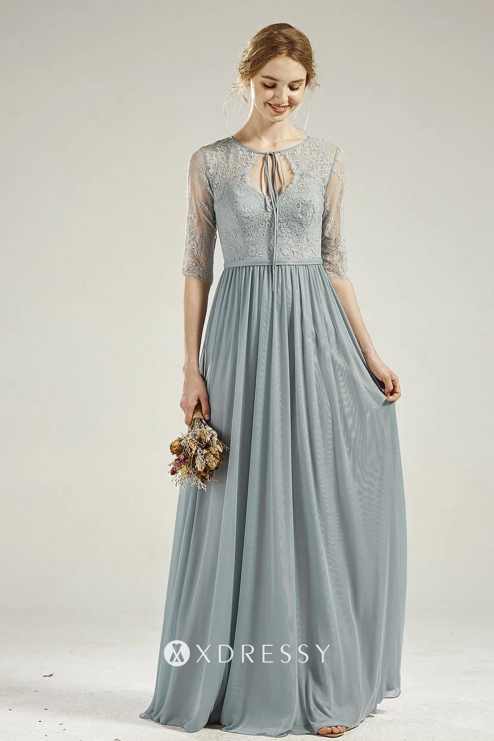 dusty blue half lace sleeve chiffon bridesmaid dress
