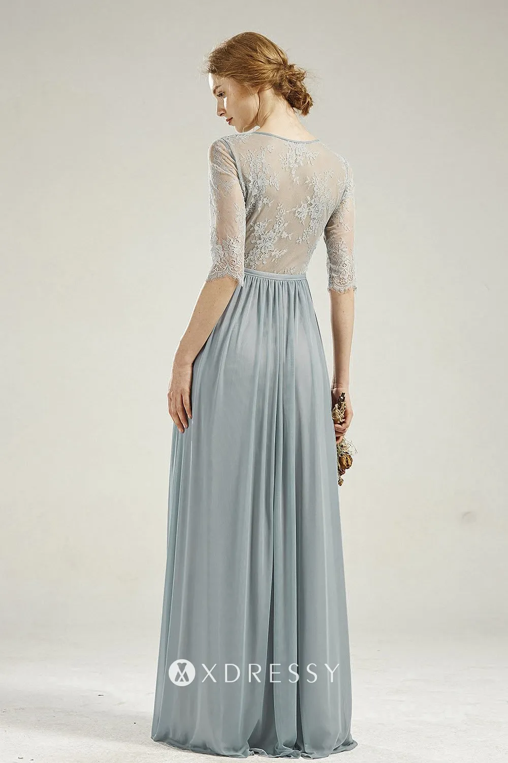 half sleeve transparent lace back bridesmaid dress