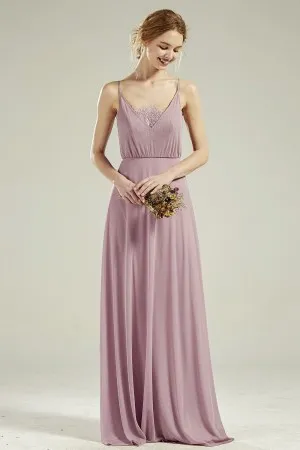 delicate mauve chiffon dress with lace adorned v neck
