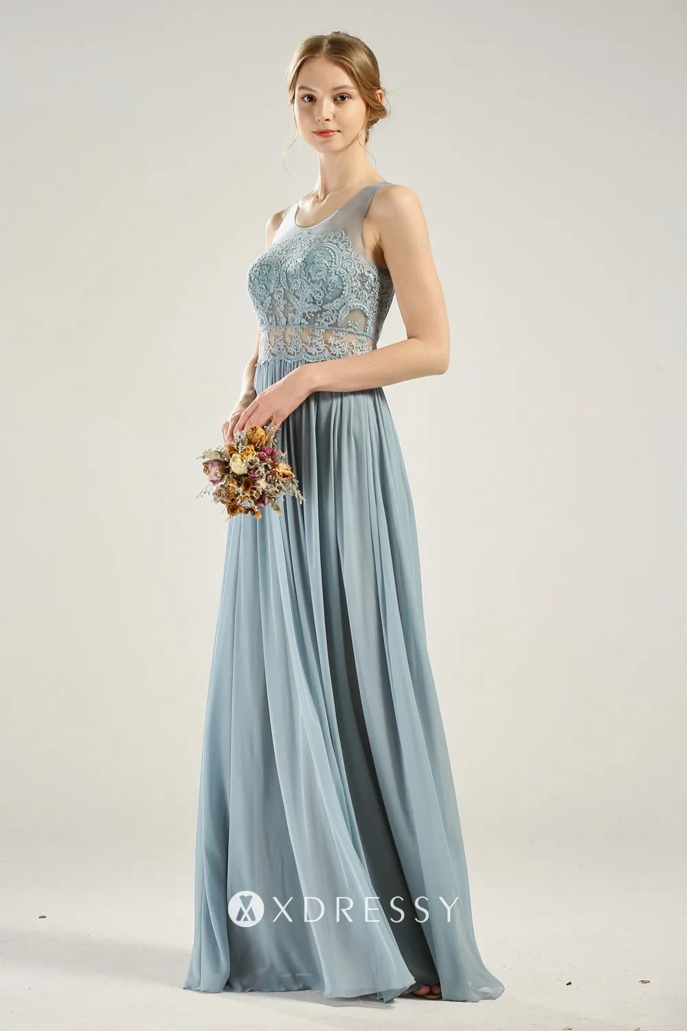 dusty blue lace bodice long chiffon dress