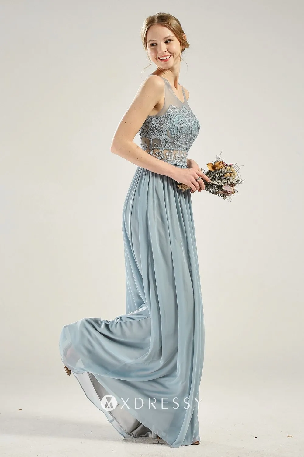 dusty blue sheer lace bodice chiffon dress