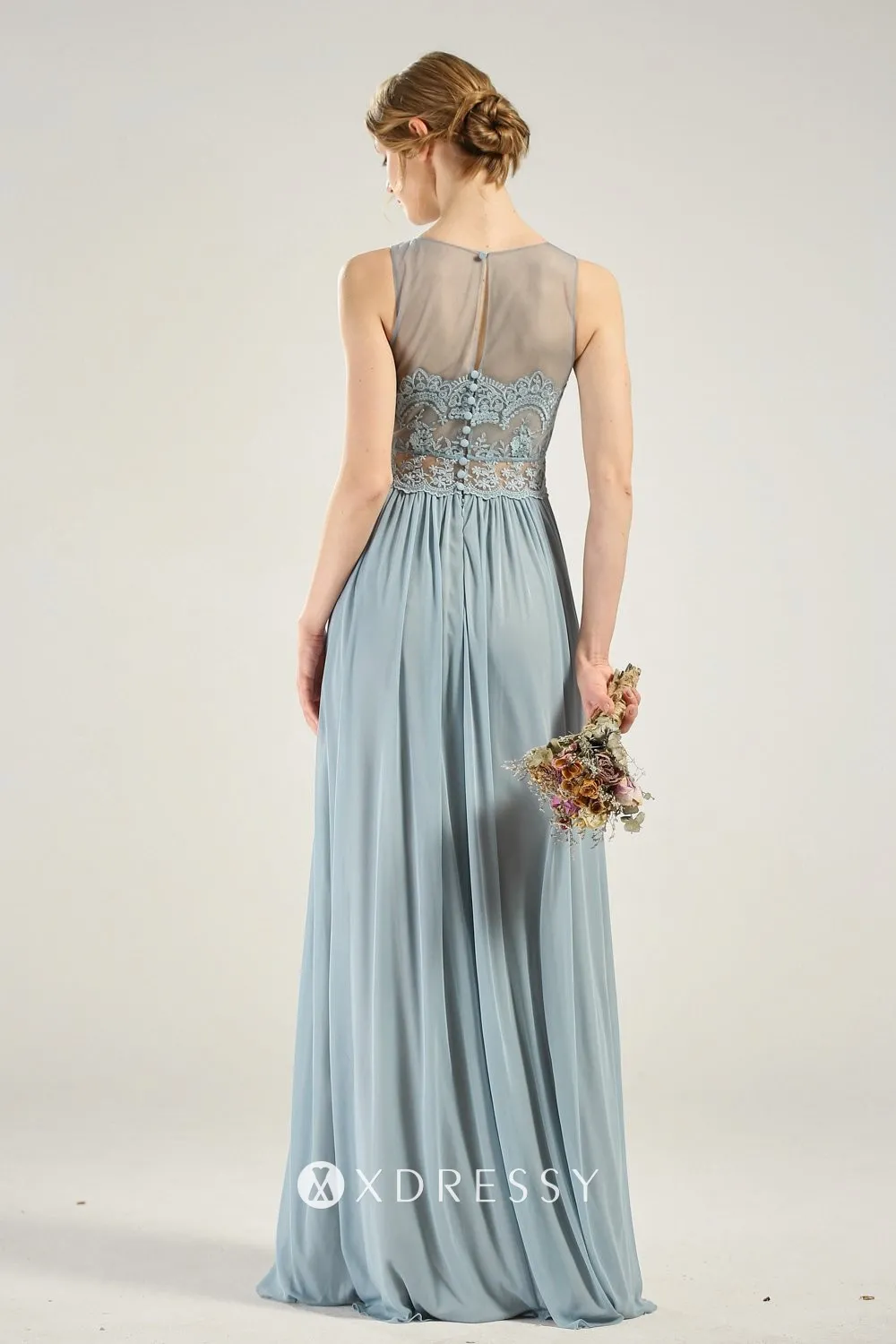 illusion closed back dusty blue chiffon dress