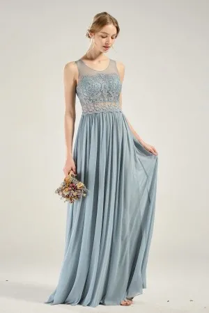 illusion dusty blue sheer lace bodice chiffon dress