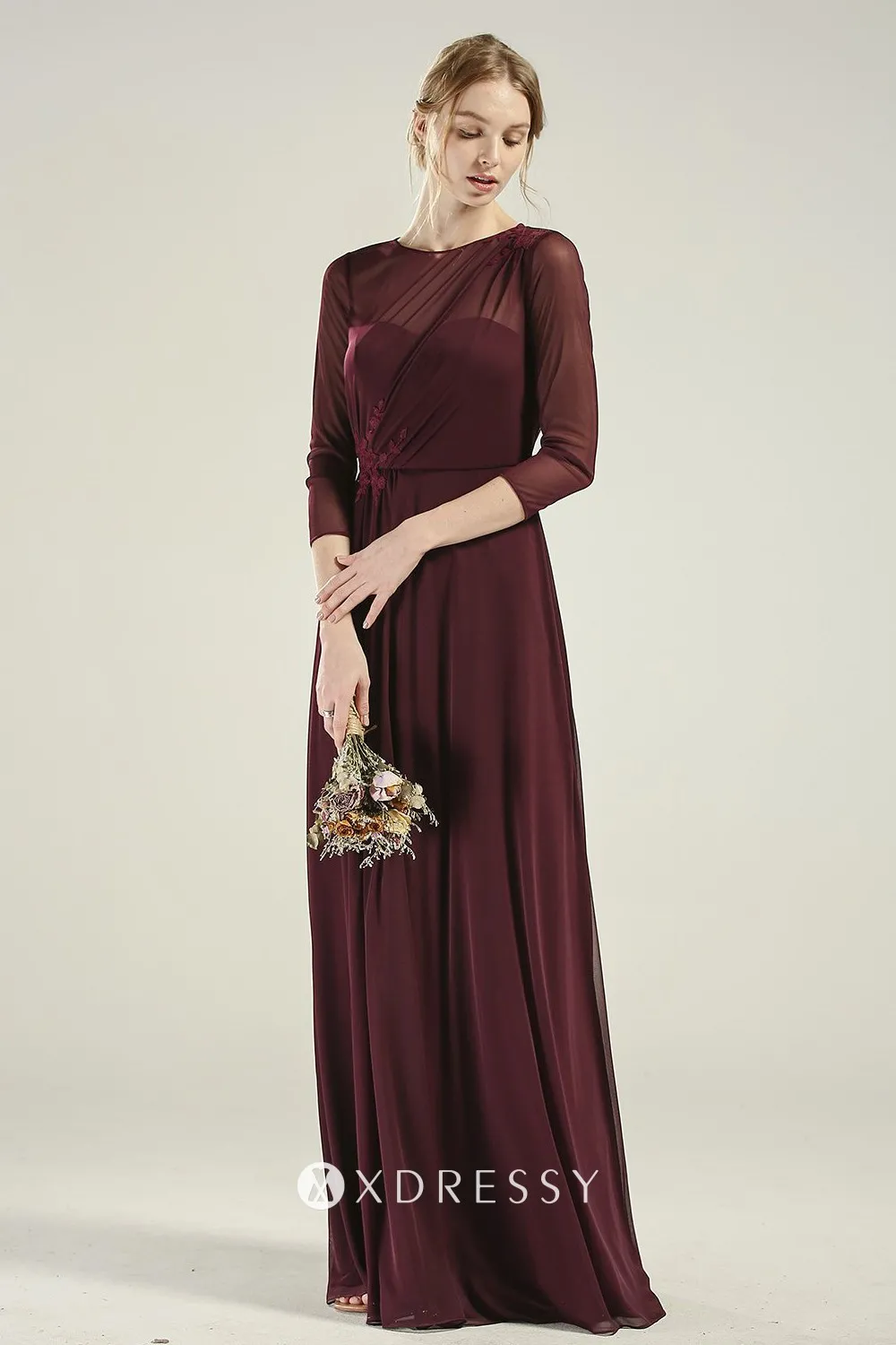 plum illusion sleeves chiffon dress