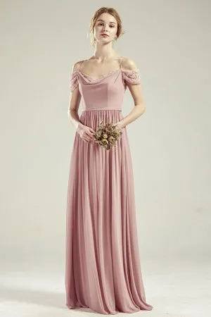 pretty feminine pearl pink off shoulder bridesmaid gown