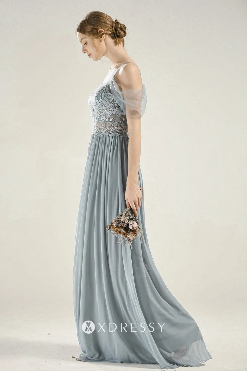 dusty blue lace chiffon dress