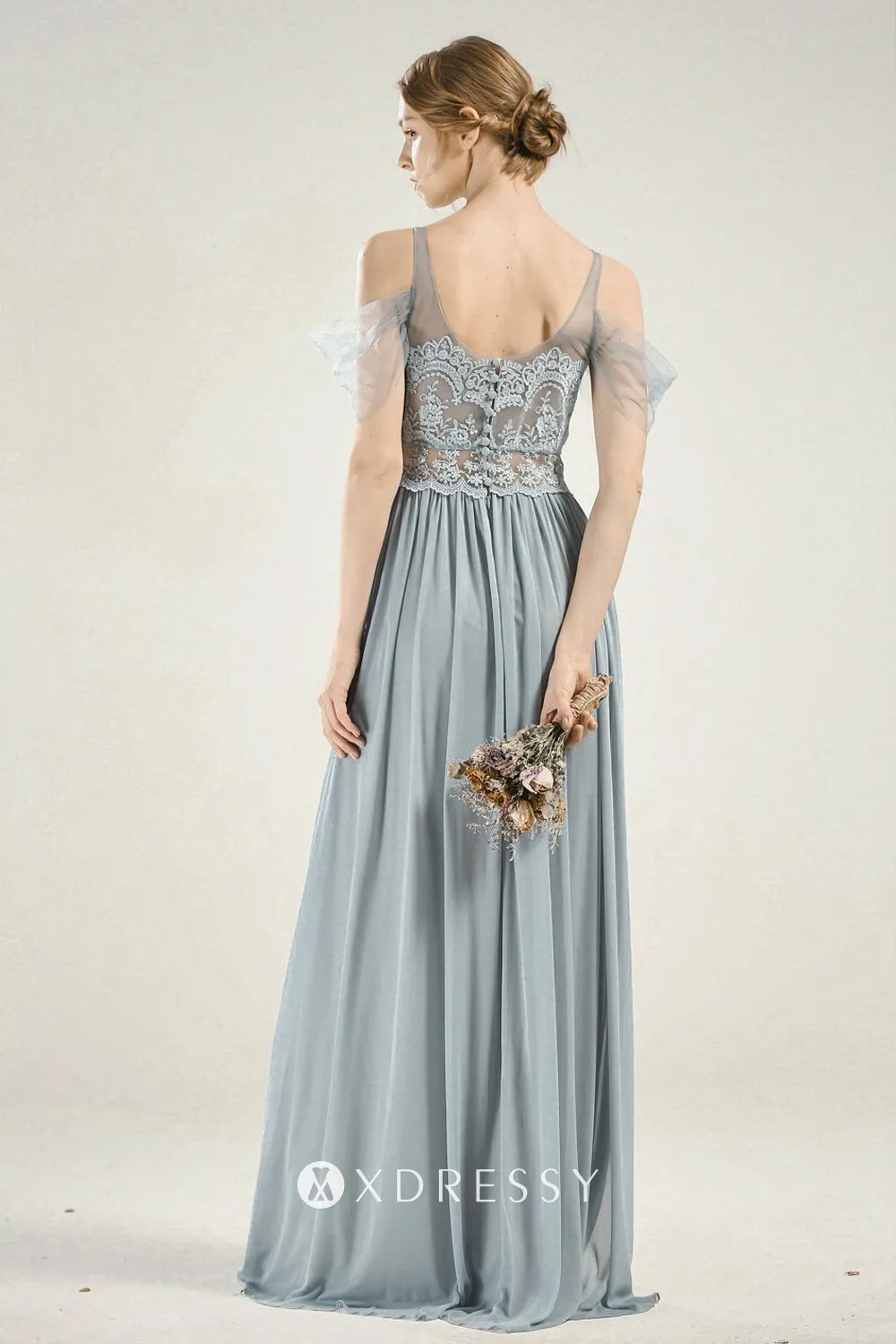 dusty blue off the shoulder lace scoop back dress