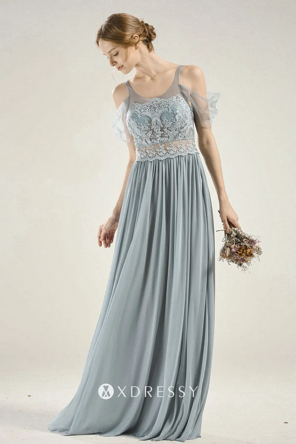 illusion dusty blue off shoulder dress