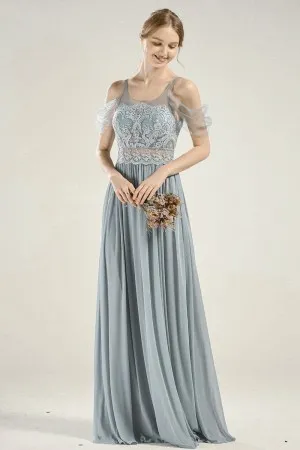 illusion feminine dusty blue off shoulder bridesmaid dress