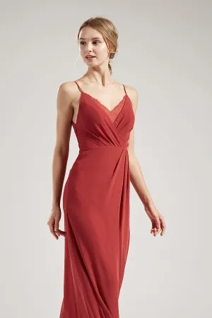 brick red strap v neck long chiffon dress