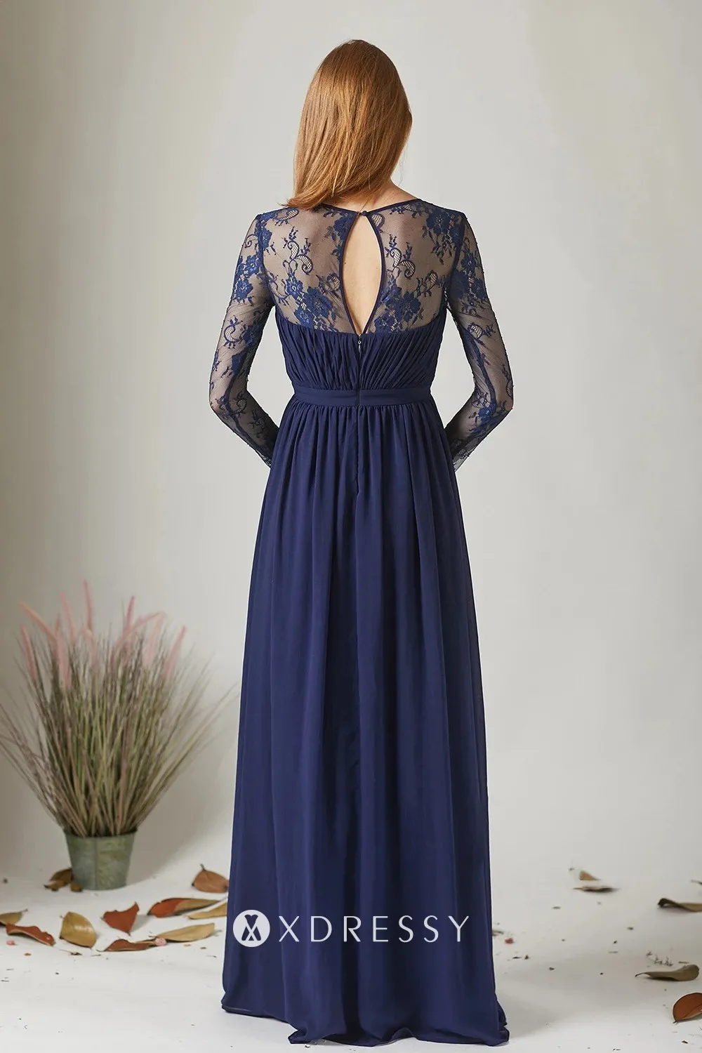 pleated navy blue closed lace back long dress pleated navy blue closed lace back long dress
