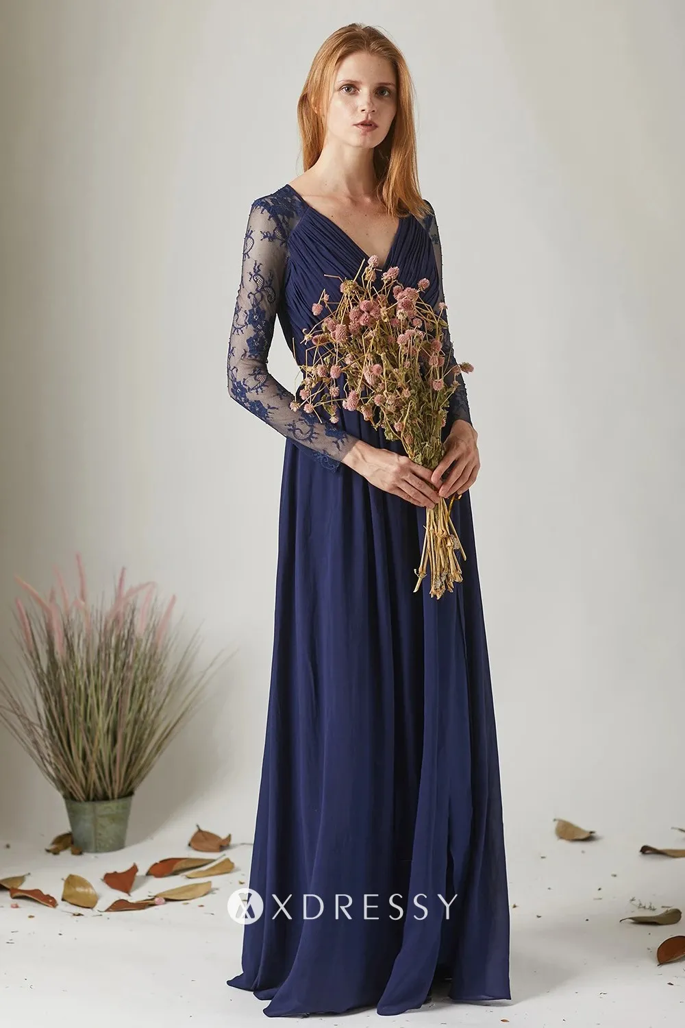 Pleated Navy Blue Long Lace Sleeve & Chiffon Long Dress Xdressy