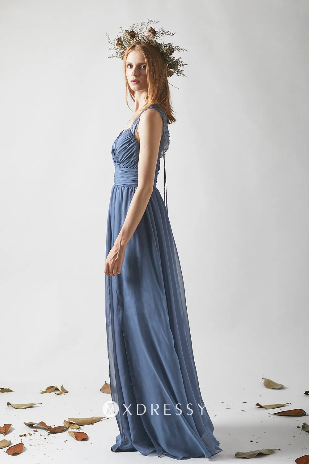 pleated blue lace straps long dress pleated blue lace straps long dress