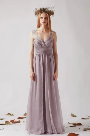 pleated vintage pale mauve lace straps bridesmaid dress