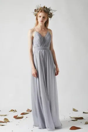 pleated medium gray thin strap chiffon bridesmaid dress