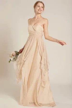 flowy ruffled champagne strapless long bridesmaid dress