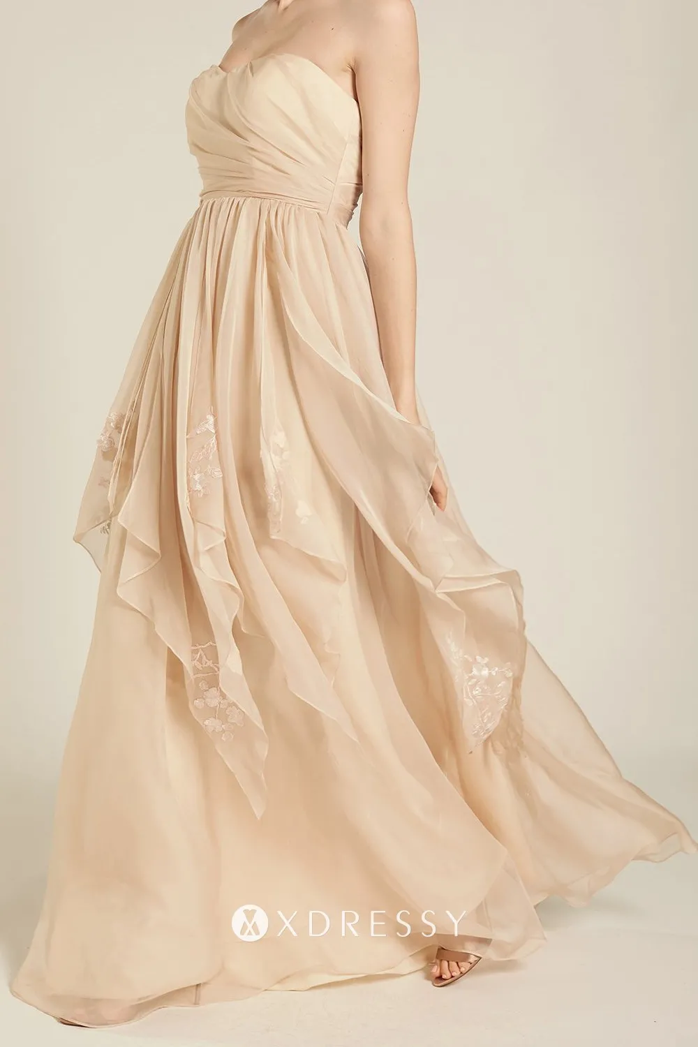 ruffled champagne strapless long dress ruffled champagne strapless long dress