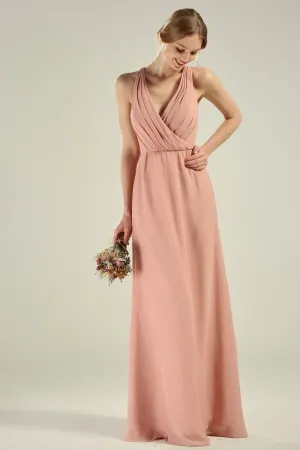 pleated peach wide straps lace chiffon column dress