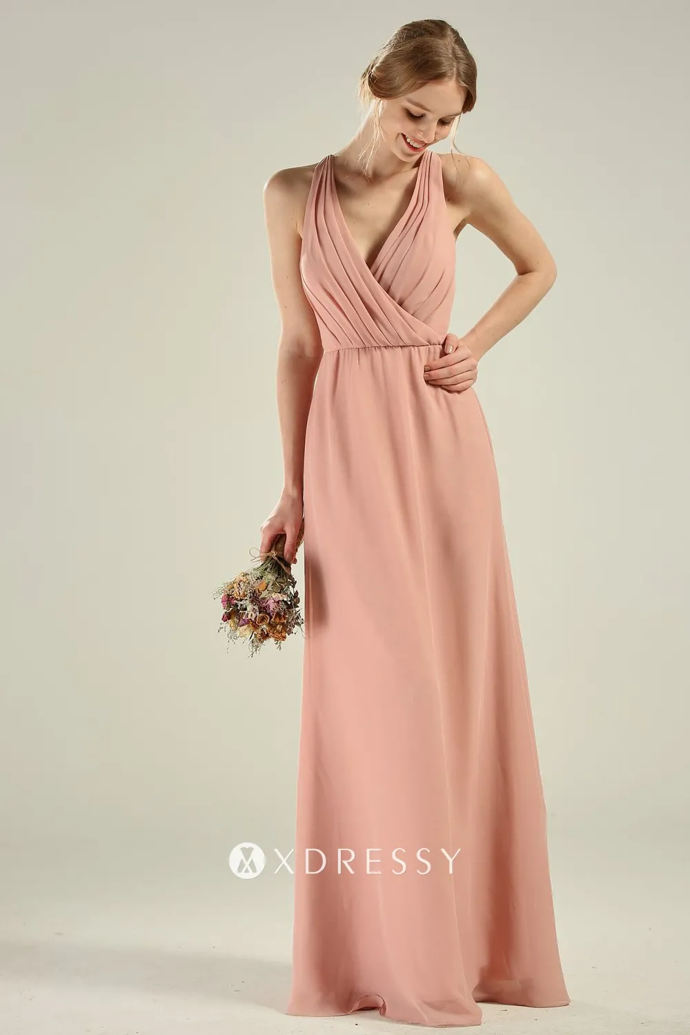 V-neck Chiffon Dresses with Double Straps Peach Plus Size