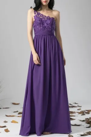 single shoulder purple floral lace chiffon long dress