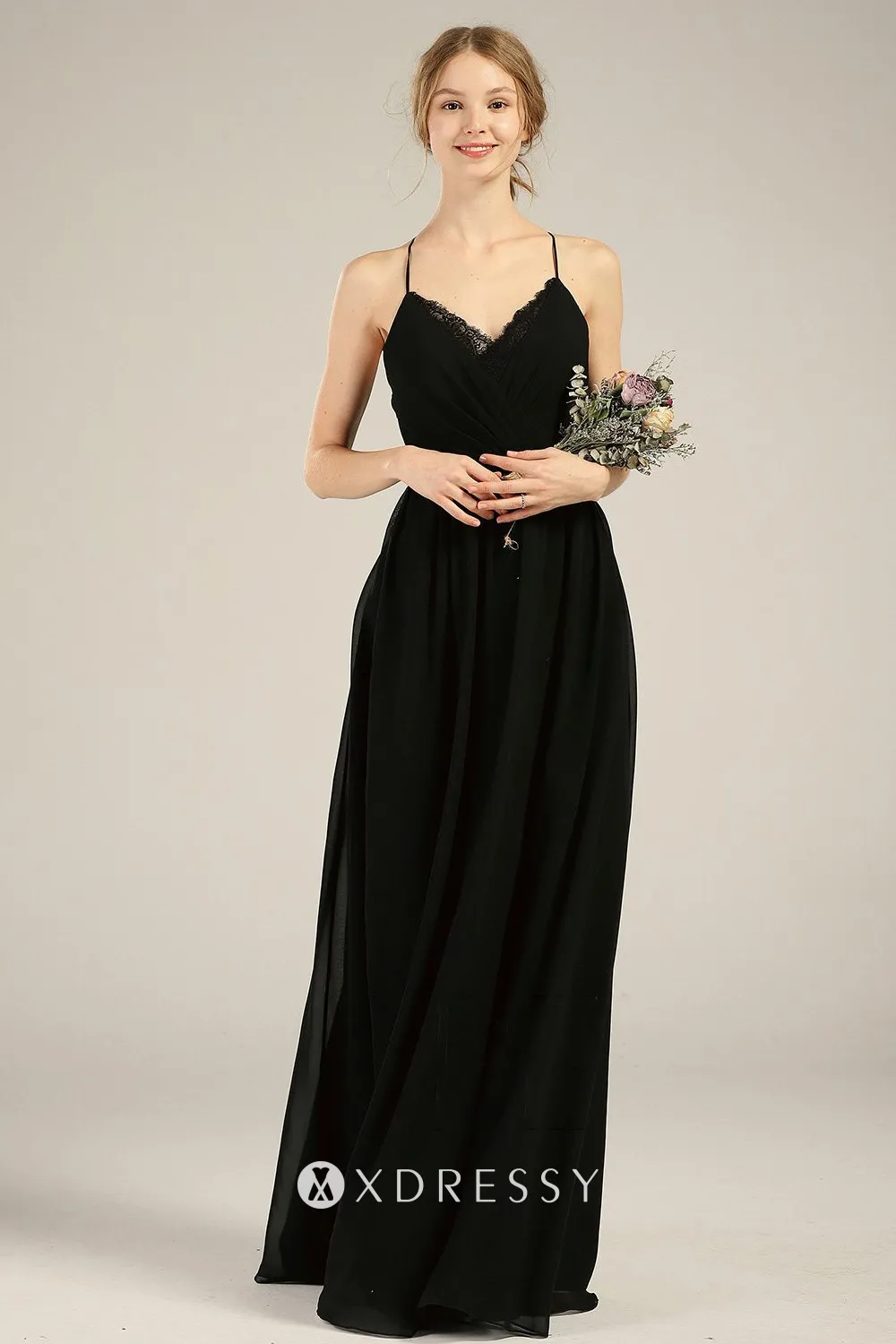 black chiffon spaghetti straps v neck dress