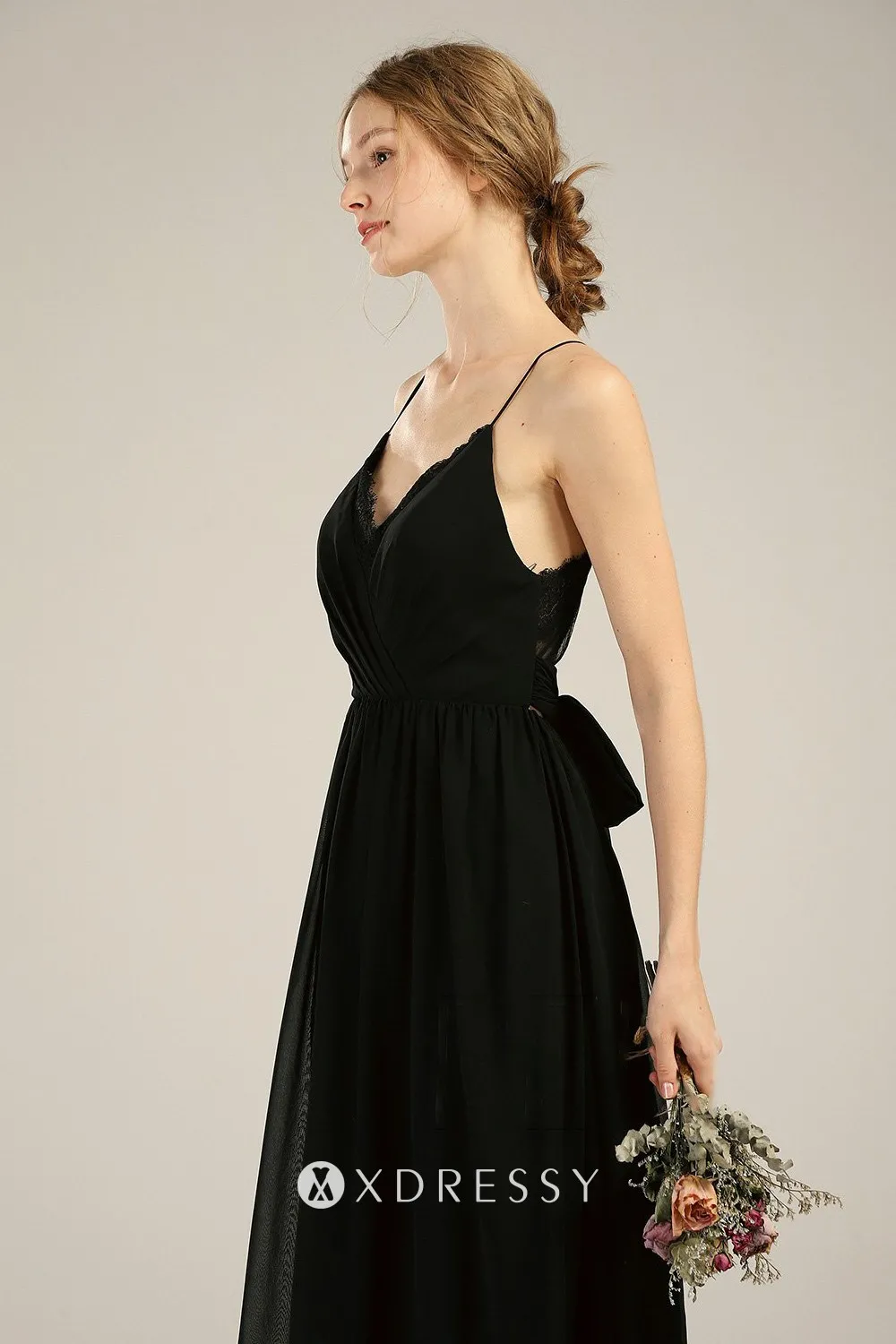 Black Chiffon Spaghetti Straps Lace Vneck Long Dress Xdressy