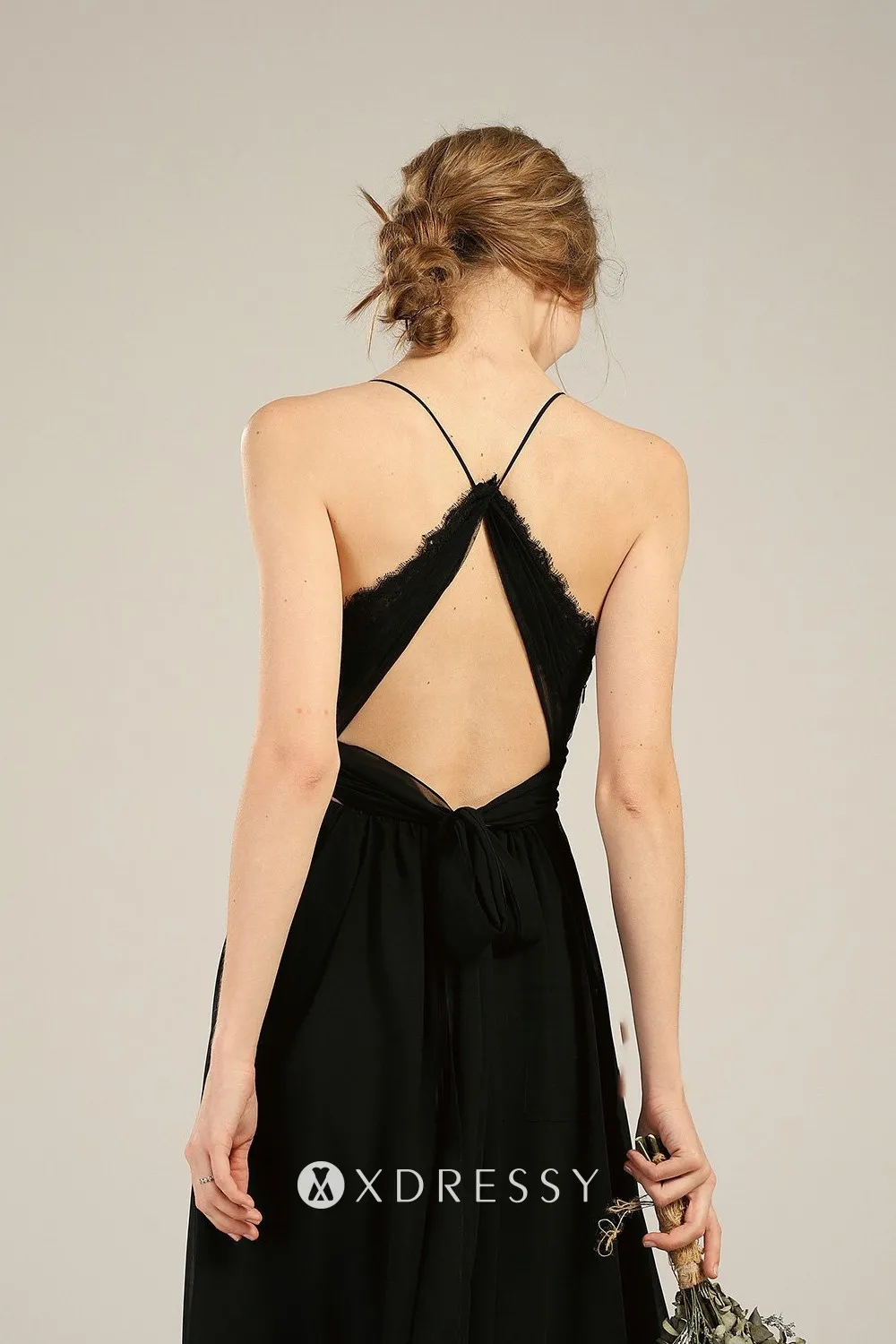 Black Chiffon Spaghetti Straps Lace Vneck Long Dress Xdressy