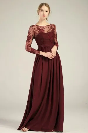 amazing illusion lace top sleeved maroon long dress