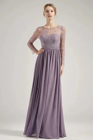 wisteria purple illusion lace top sleeved long dress