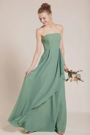 flutter strapless dusty green ruffled chiffon dress