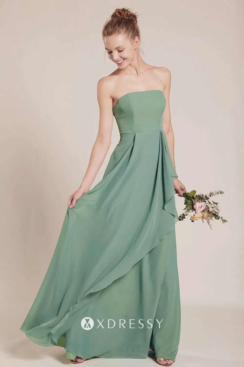 flutter strapless dusty green ruffled chiffon dress