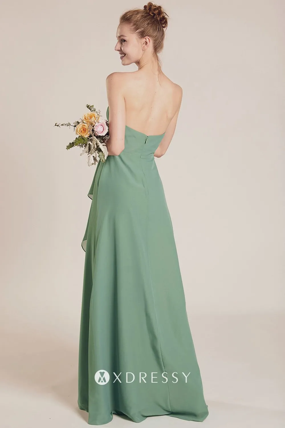 strapless dusty green low back long dress