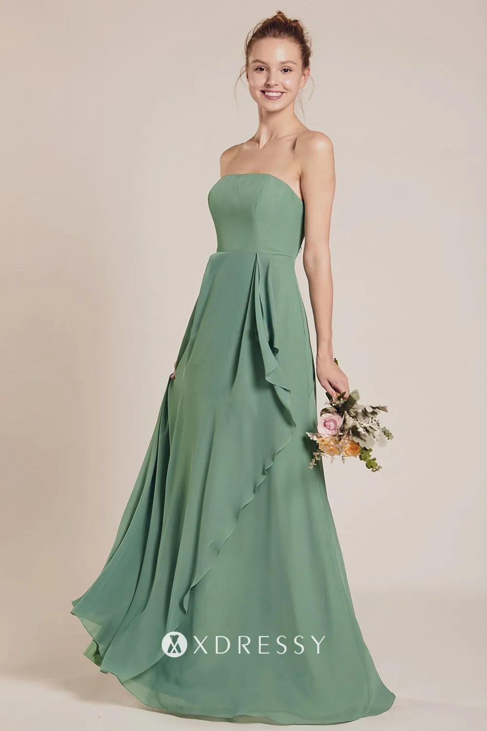 strapless dusty green ruffled long dress