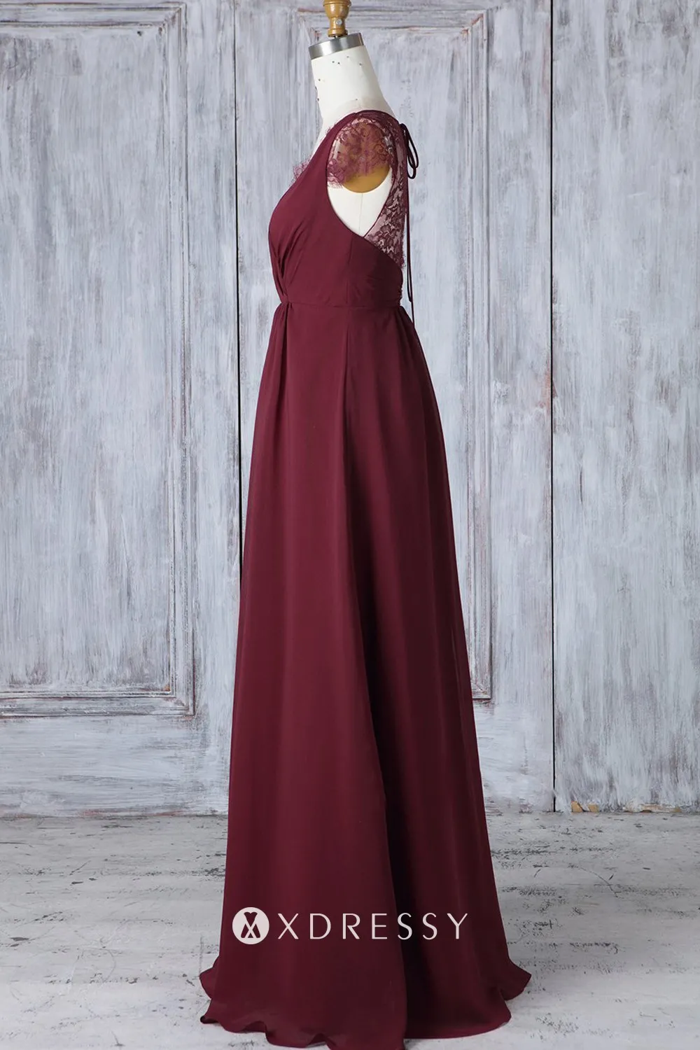 Gray Lace Top Long Chiffon Bridesmaid Dresses with Sheer Back