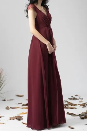 v neck with lace trim bridesmaid dress