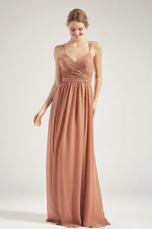 spaghetti straps chiffon long bridesmaid dress