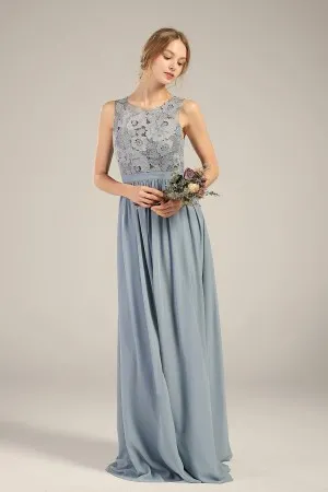 dusty blue lace and chiffon bridesmaid dress